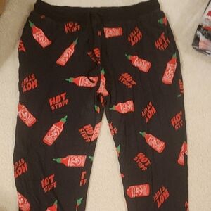 Black Pajama Pants with Red Hot Sauce Print